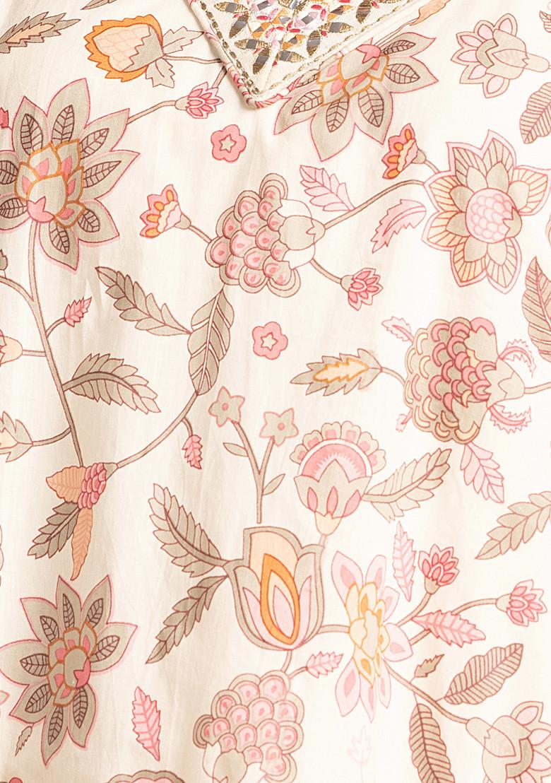 White Floral Print Mirror Work Cotton Kurta