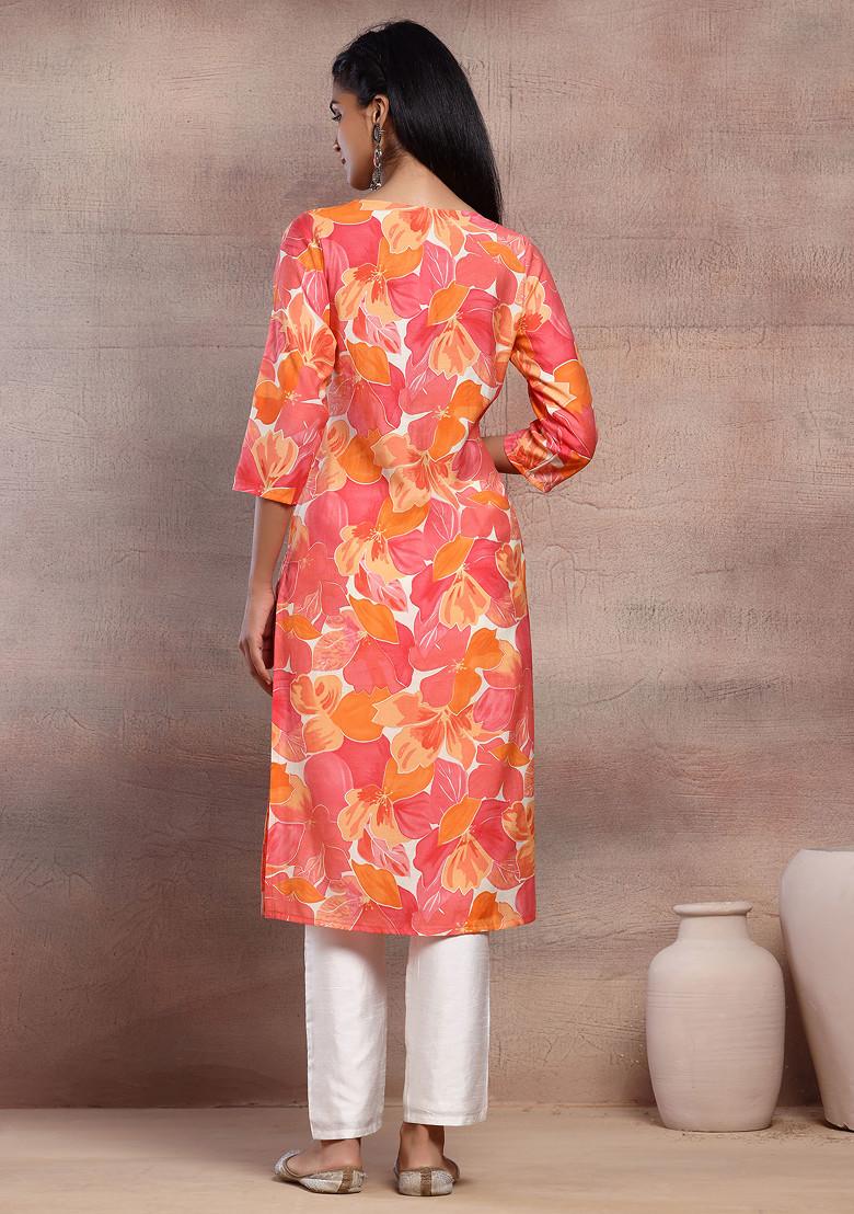 Orange Abstract Floral Print Muslin Kurta
