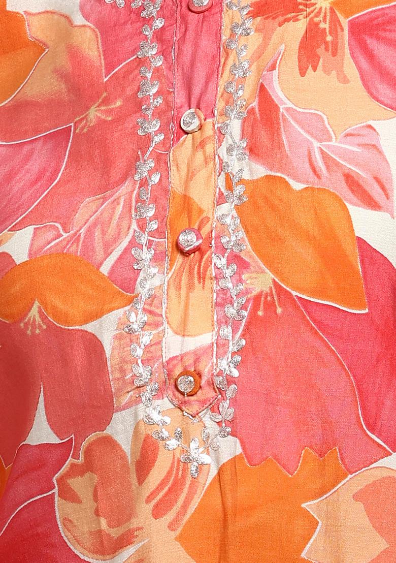 Orange Abstract Floral Print Muslin Kurta