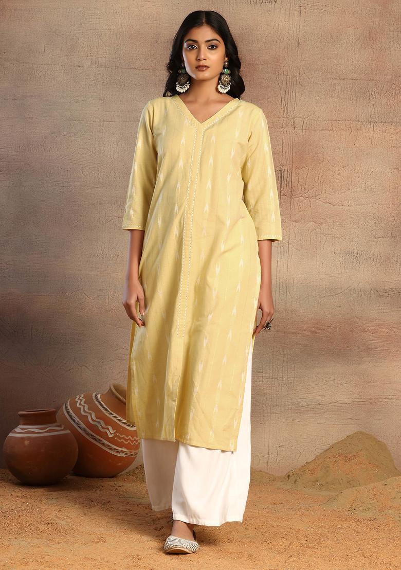 Light Yellow Thread Embroidered Straight Kurta