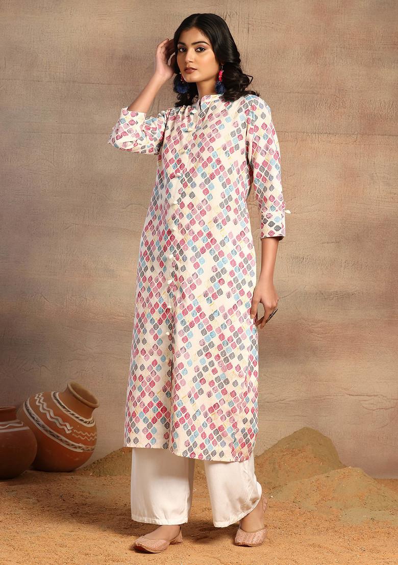 Off White Geometric Print Straight Kurta