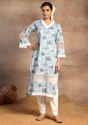 Grey Floral Embroidered Rayon Kurti Pant Set