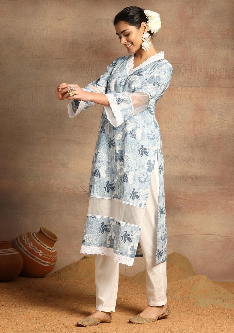 Light Blue V-Neck Floral Print Cotton Kurta