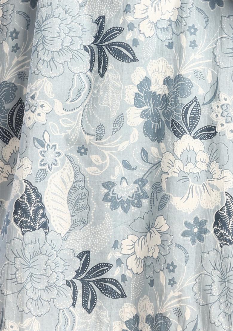 Light Blue V-Neck Floral Print Cotton Kurta