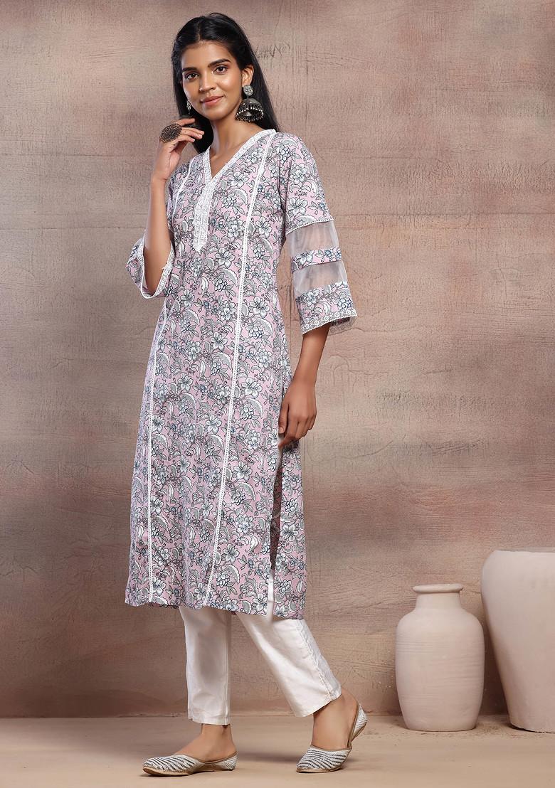 Light Pink V-Neck Floral Print Cotton Kurta