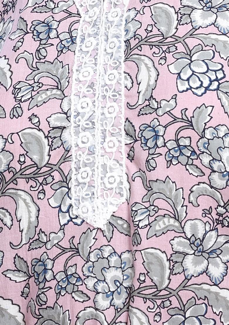 Light Pink V-Neck Floral Print Cotton Kurta