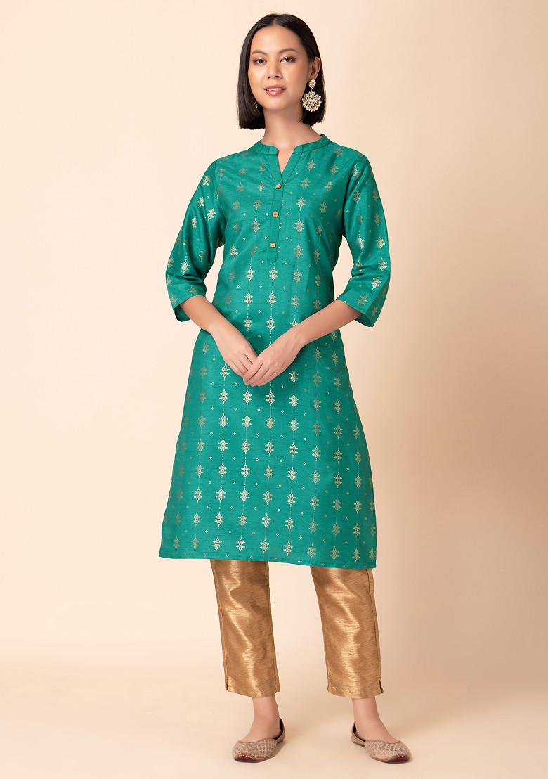 Green Geometric Foil Print Silk Kurta