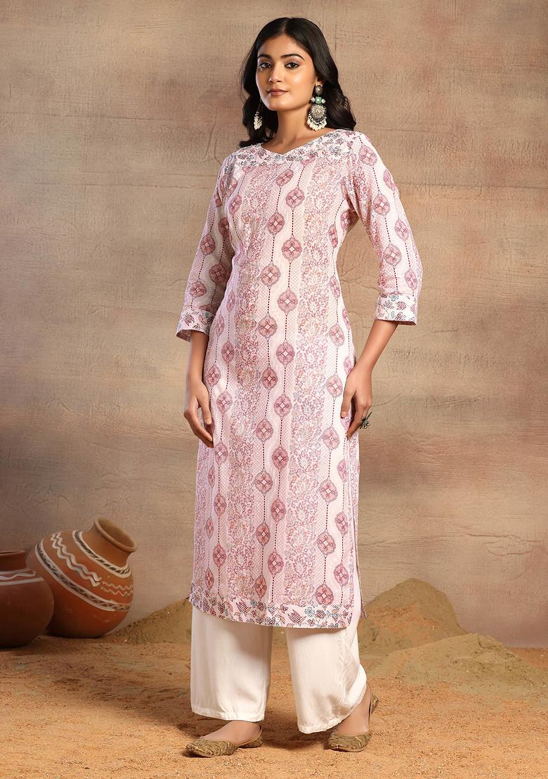 Off White Geometric Floral Print Cotton Kurta
