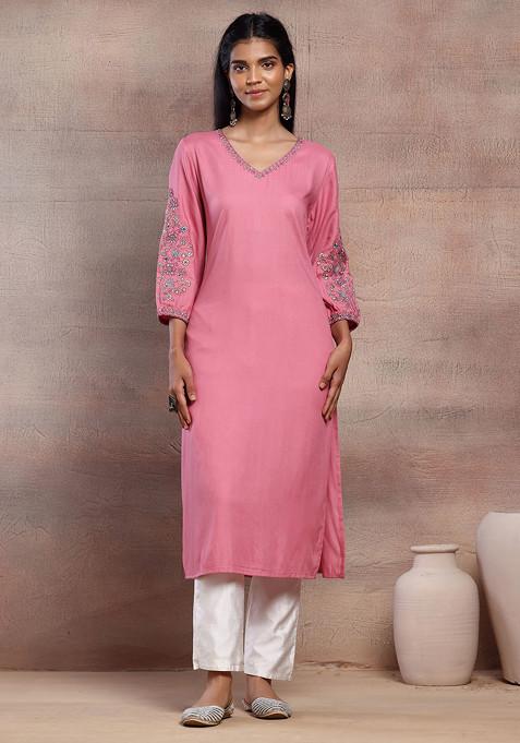 Pink Sequin And Thread Embroidered Rayon Kurta
