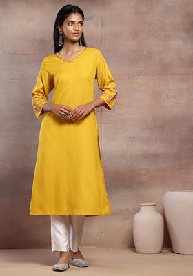 Mustard Thread Embroidered Rayon Kurta
