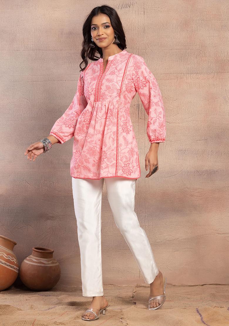 Pink Floral Embroidered Cotton Short Kurta
