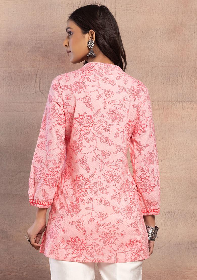 Pink Floral Embroidered Cotton Short Kurta