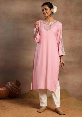 Pink Mirror And Thread Embroidered Rayon Kurta