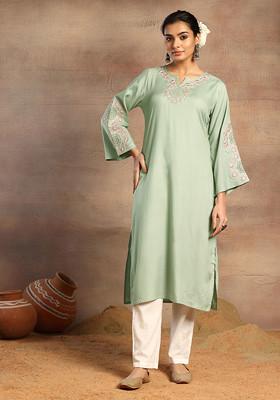 Sage Green Mirror And Thread Embroidered Rayon Kurta
