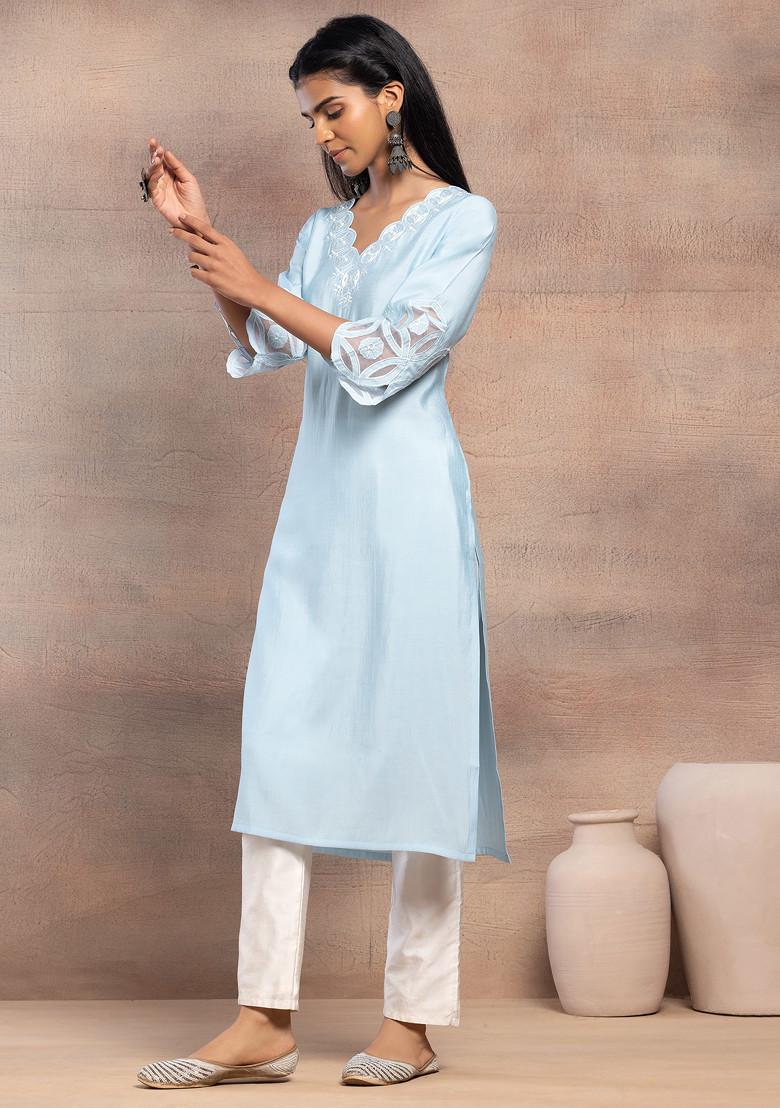 Light Blue Thread Embroidered Muslin Straight Kurta