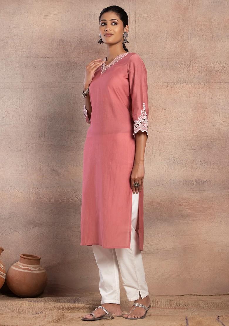Pink Thread Embroidered Muslin Straight Kurta
