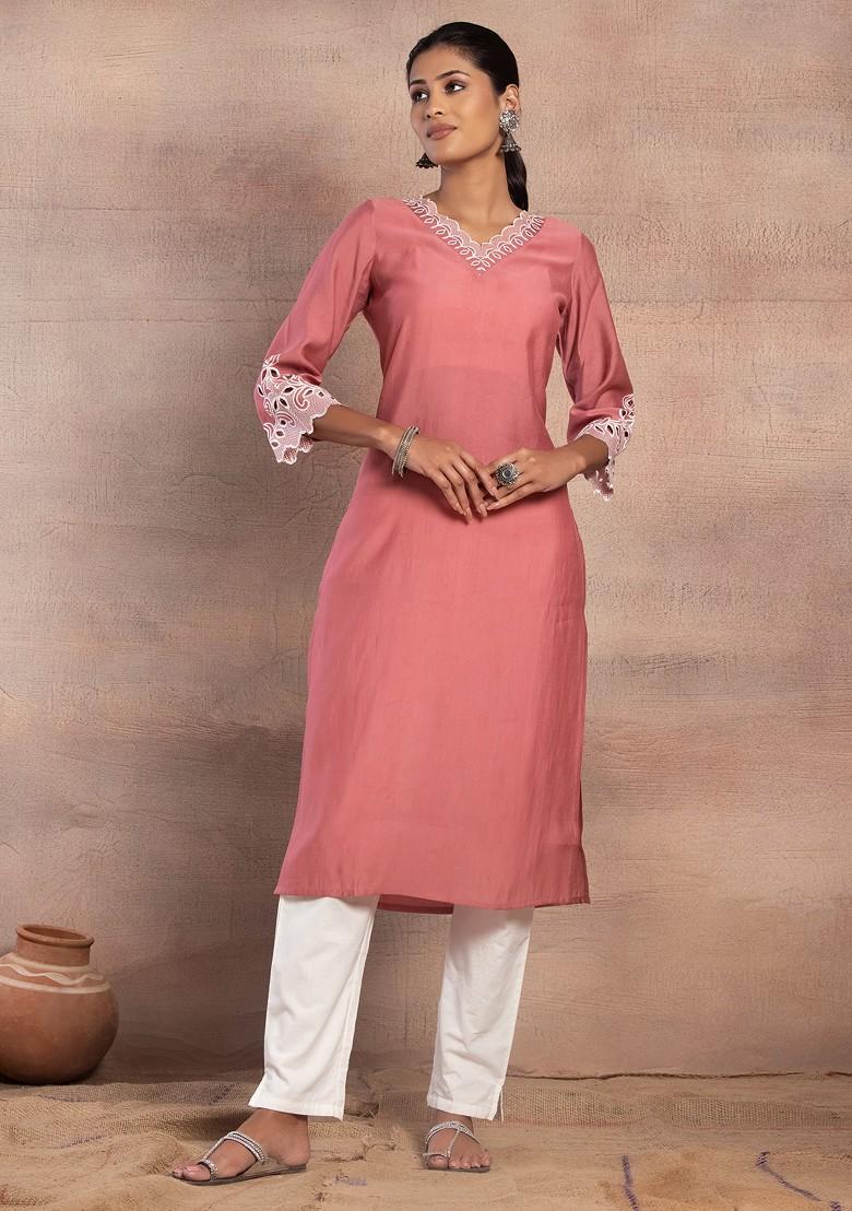 Pink Thread Embroidered Muslin Straight Kurta