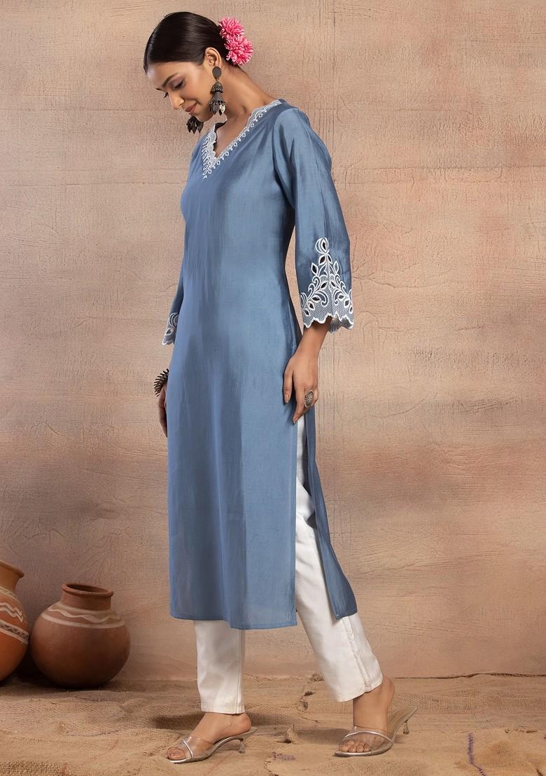 Blue Thread Embroidered Muslin Straight Kurta
