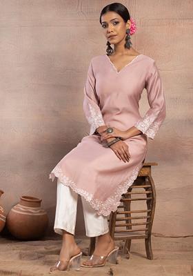 Blush Pink Scallop Neck Embroidered Muslin Kurta