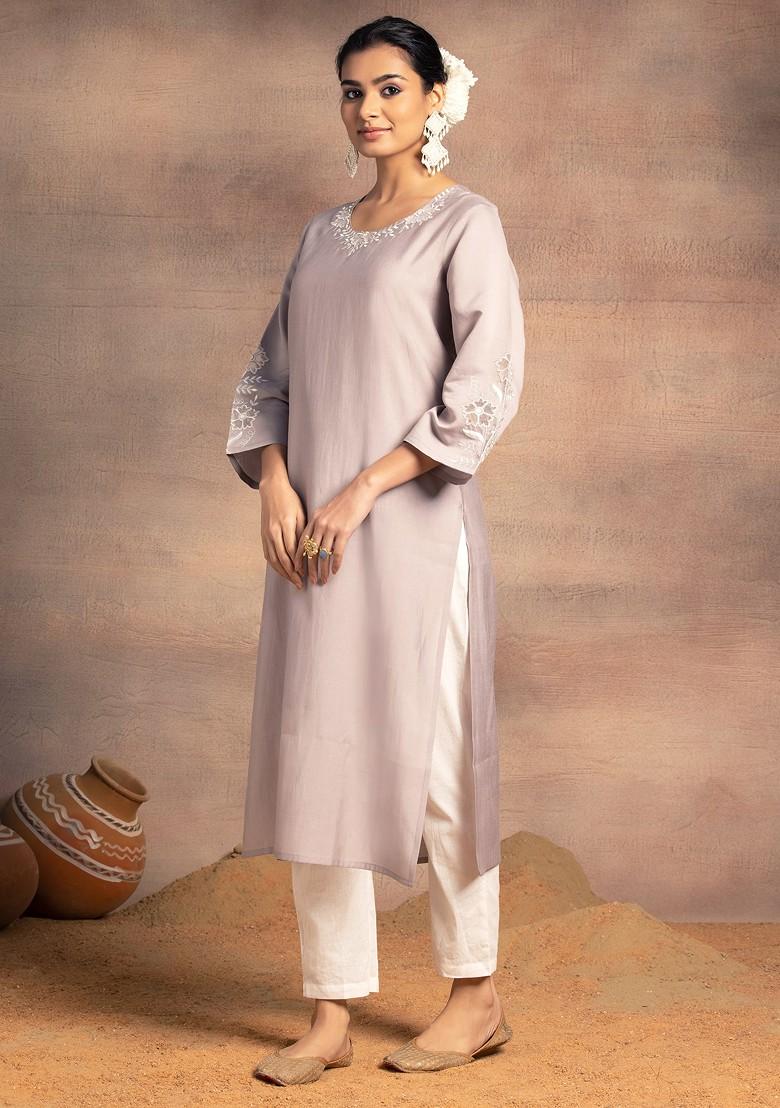 Light Mauve Thread Embroidered Muslin Straight Kurta