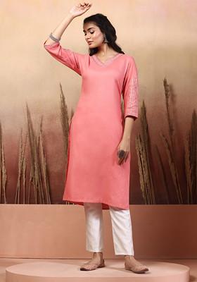 Pink Embroidered Neck Rayon Lurex Kurta