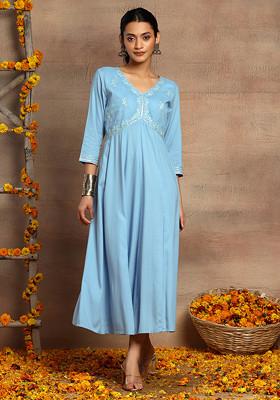 Light Blue Thread And Gota Embroidered Rayon Kurta