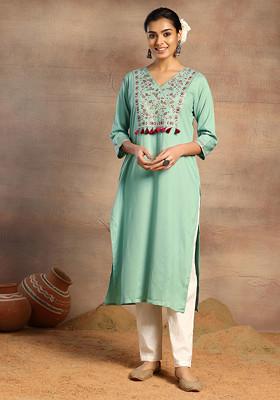 Sage Green Embroidered Neck Rayon A-Line Kurta