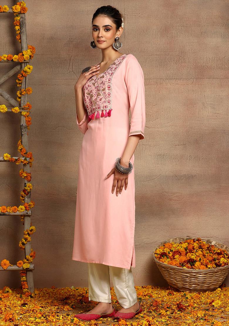 Blush Pink Embroidered Neck Rayon A-Line Kurta