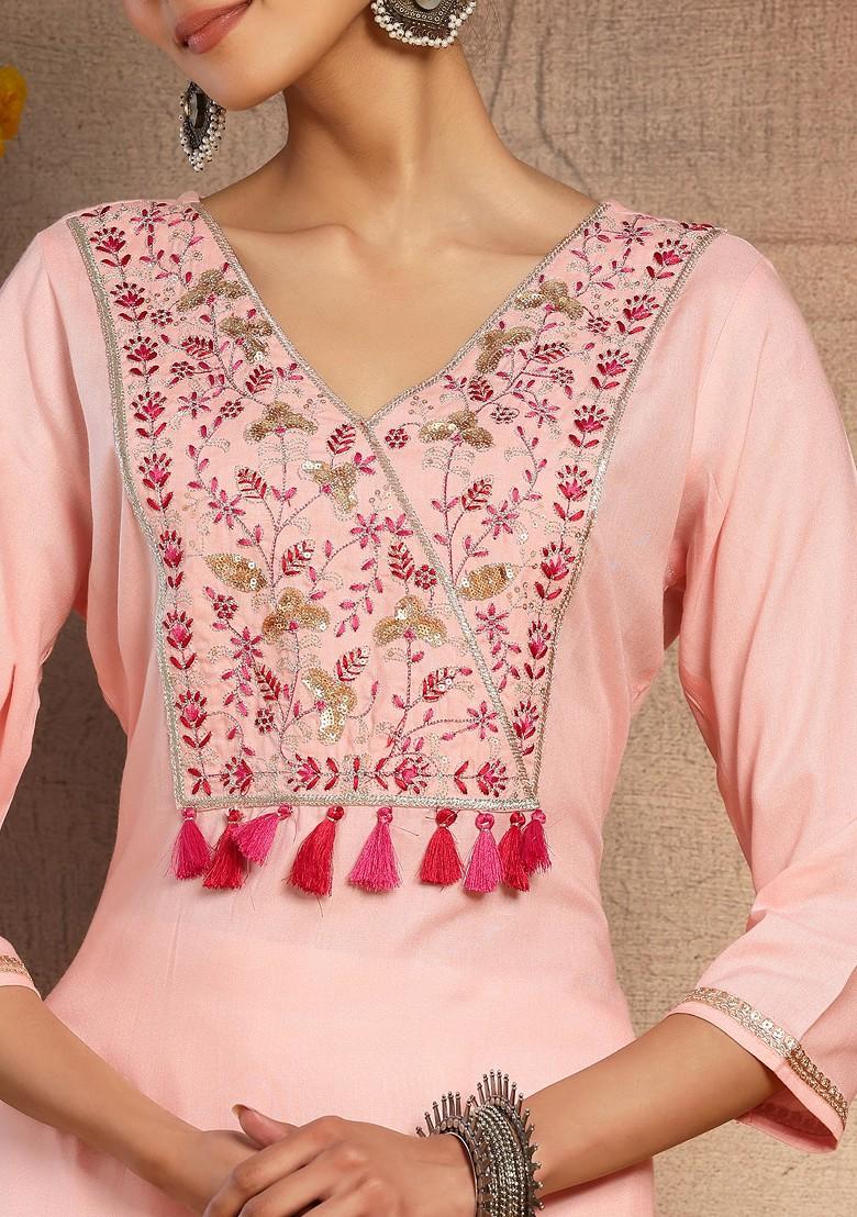 Blush Pink Embroidered Neck Rayon A-Line Kurta