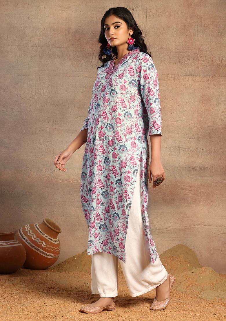 Light Grey Floral Print V-Neck Cotton Kurta
