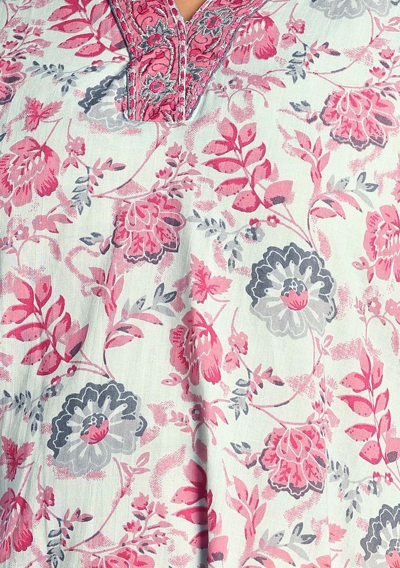 Light Grey Floral Print V-Neck Cotton Kurta