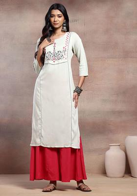 Sage Green Floral Thread Embroidered Rayon Kurta