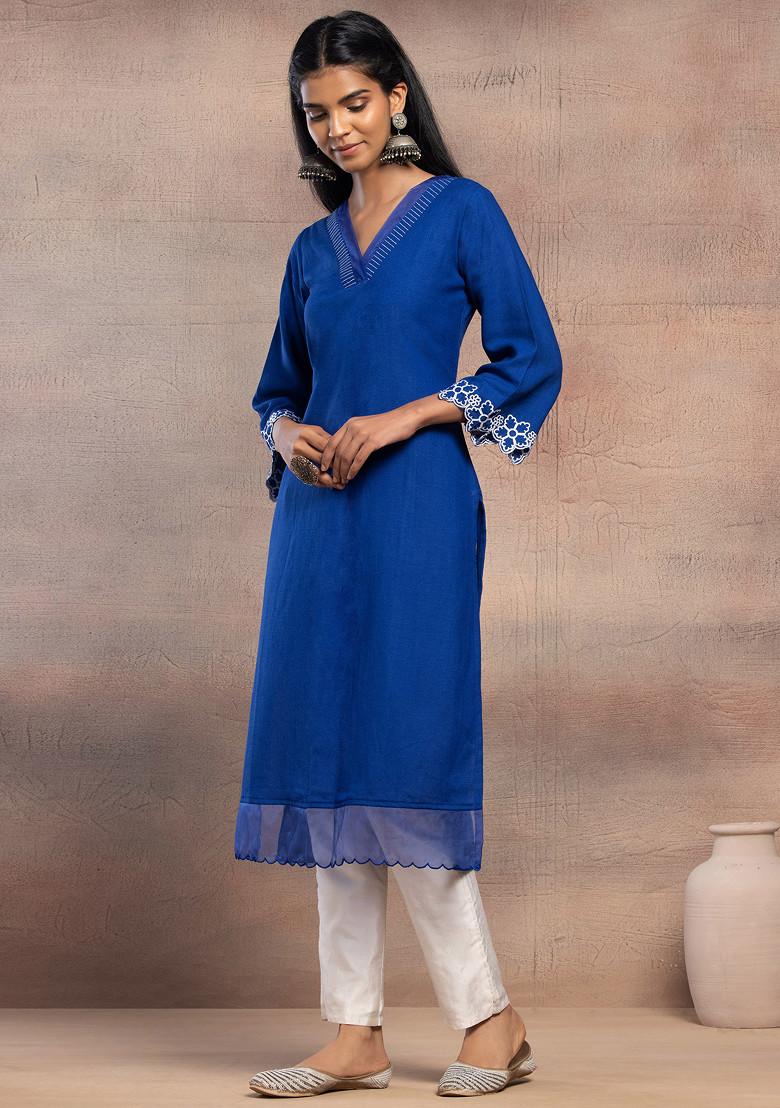 Navy Blue V-Neck Cotton A-Line Kurta