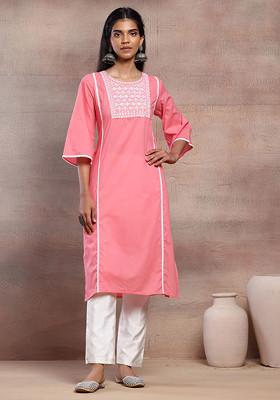 Peach Mirror And Thread Embroidered Cotton A-Line Kurta