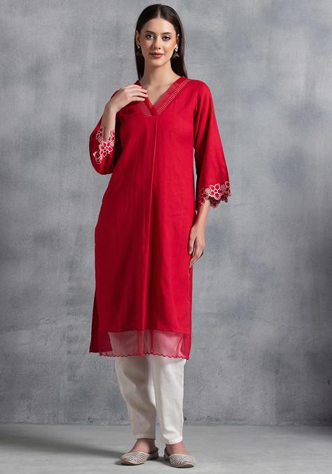Red V-Neck Embroidered Cotton A-Line Kurta
