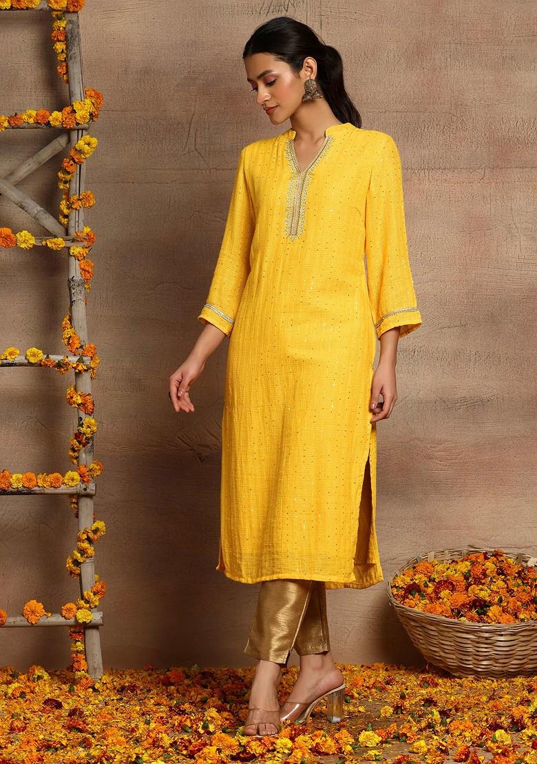 Yellow Sequin And Thread Embroidered Cotton Straight Kurta