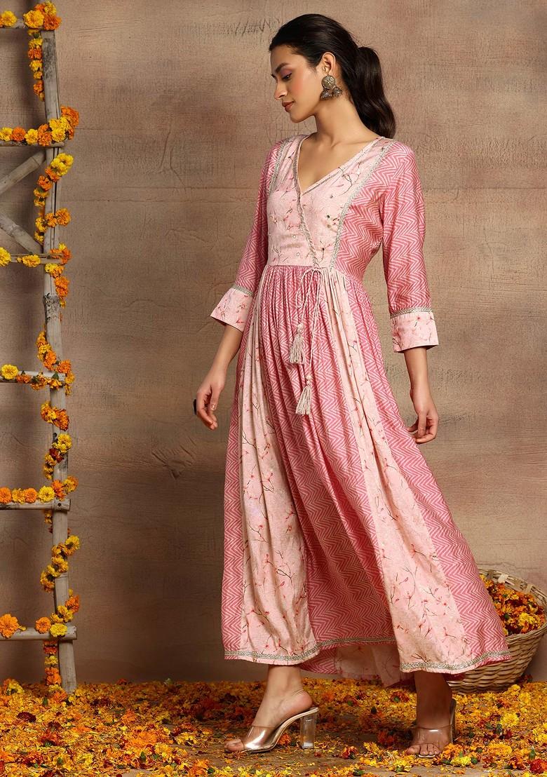 Light Pink Floral Print Tie Up Dress 