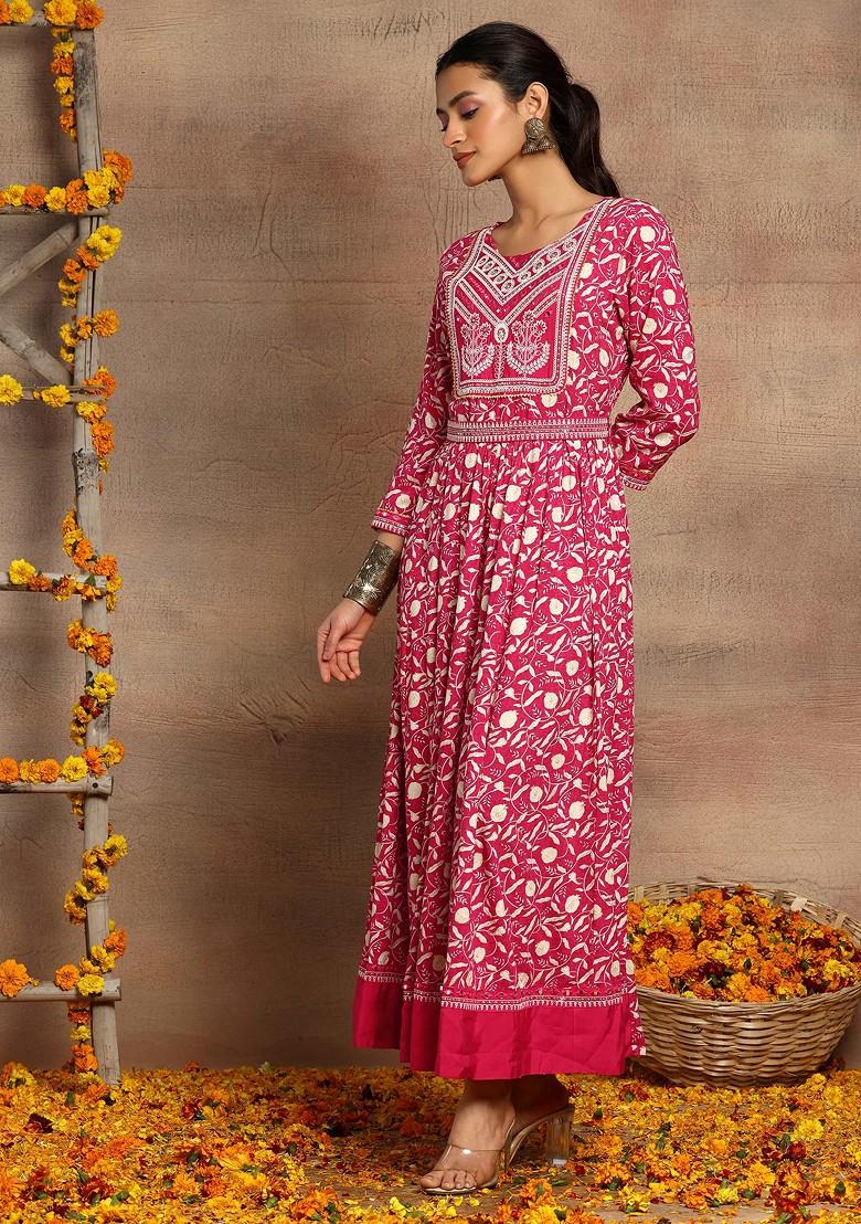 Pink Floral Print Embroidered Anarkali Kurta With Belt (Set of 2)