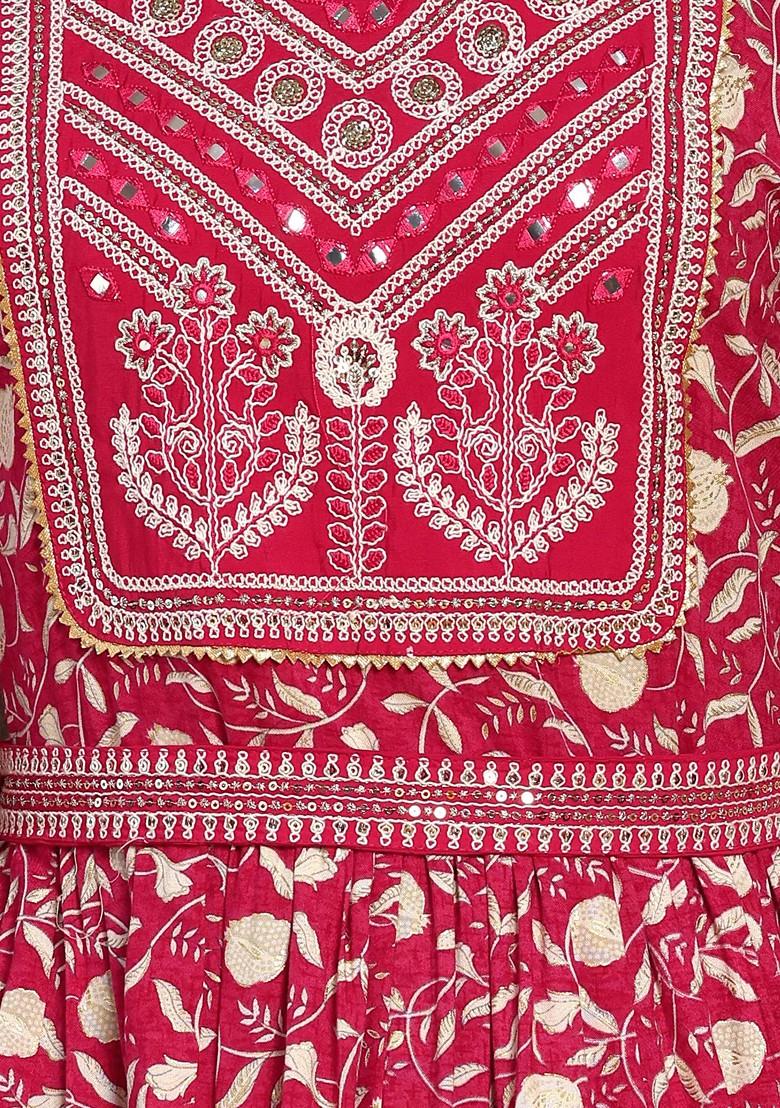 Pink Floral Print Embroidered Anarkali Kurta With Belt (Set of 2)
