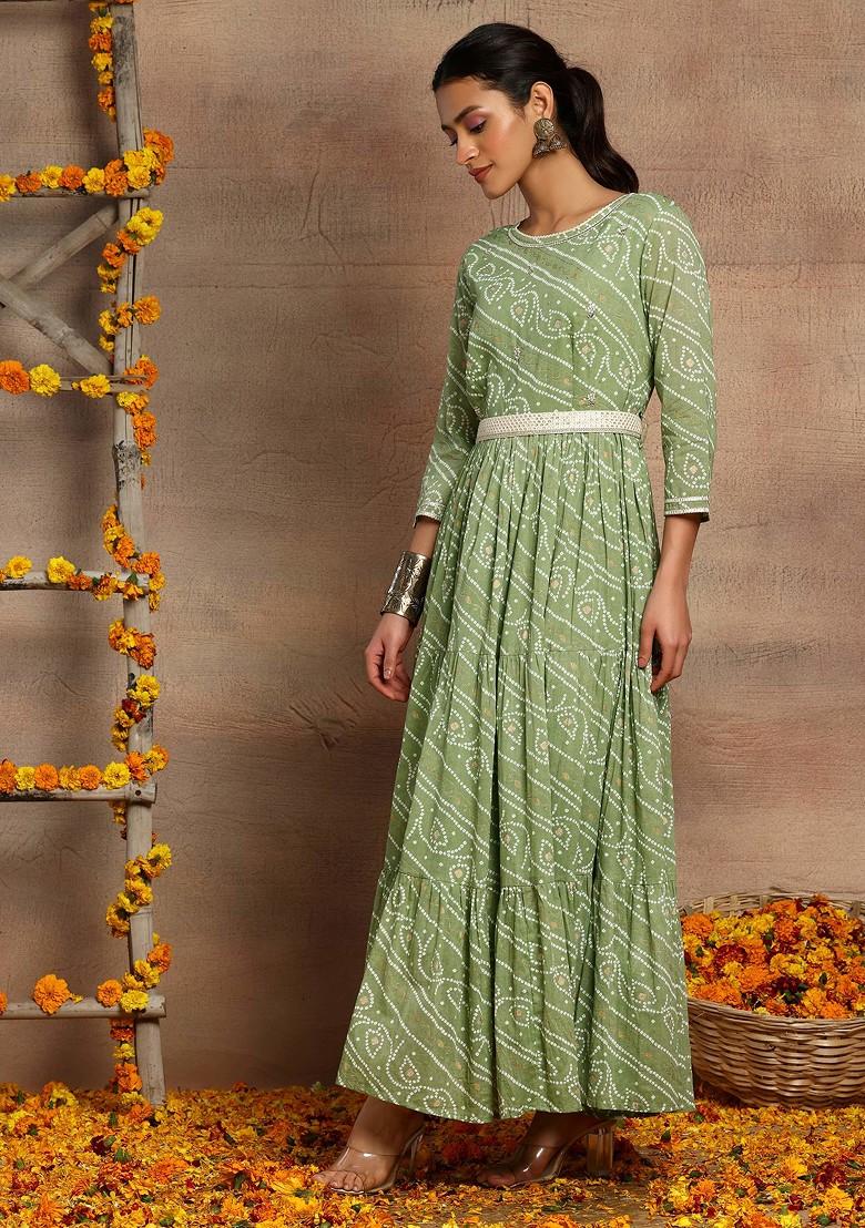 Green Bandhani Print Cotton Tiered Dress With Belt (Set of 2)