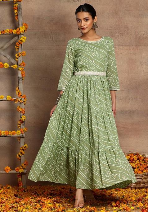 Green Bandhani Print Cotton Tiered Dress With Belt (Set of 2)