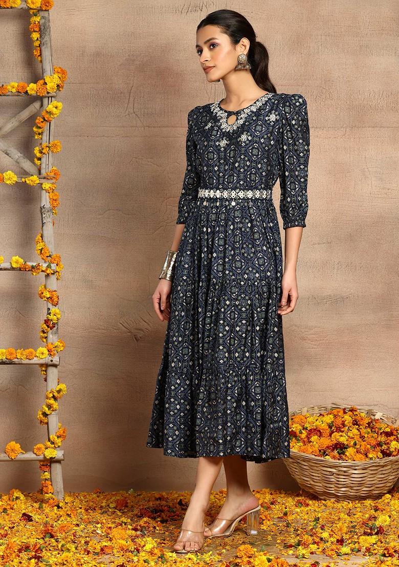 Navy Blue Embroidered Chanderi Tiered Dress With Belt (Set of 2)