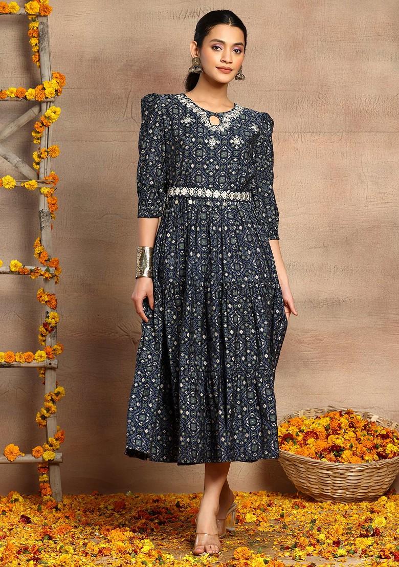 Navy Blue Embroidered Chanderi Tiered Dress With Belt (Set of 2)
