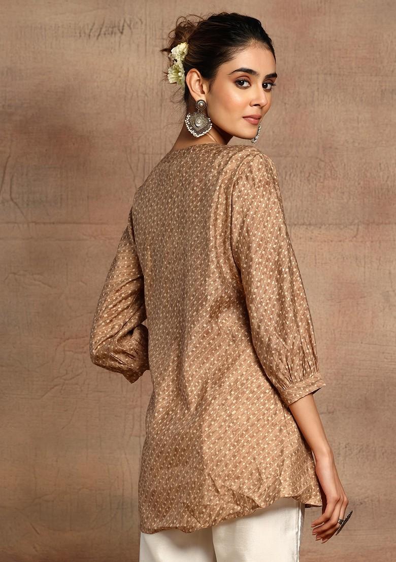 Brown Mirror Embroidered Short Muslin Kurta