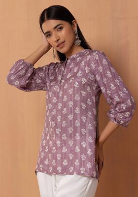 Light Purple Floral Print Muslin Short Kurta
