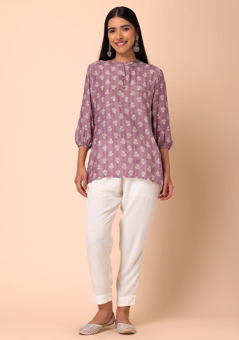 Light Purple Floral Print Muslin Short Kurta