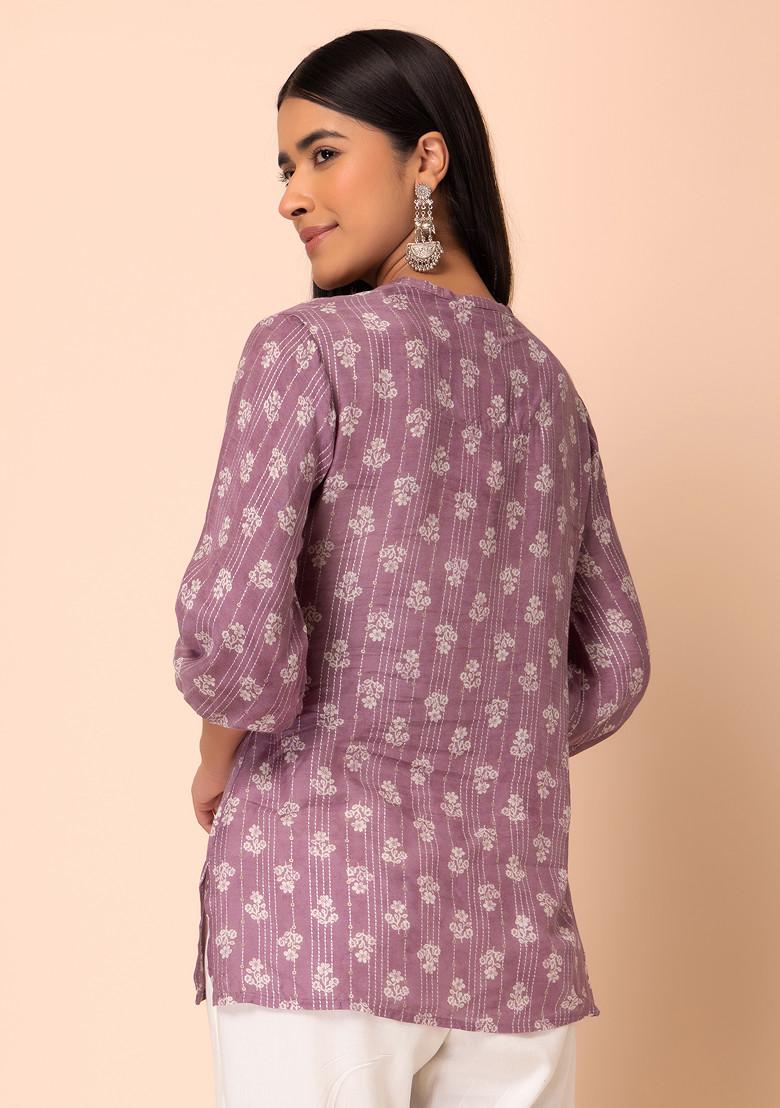 Light Purple Floral Print Muslin Short Kurta