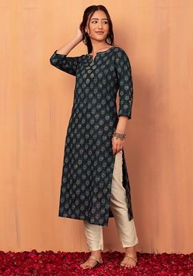 Navy Blue Block Print Cotton Straight Kurta 