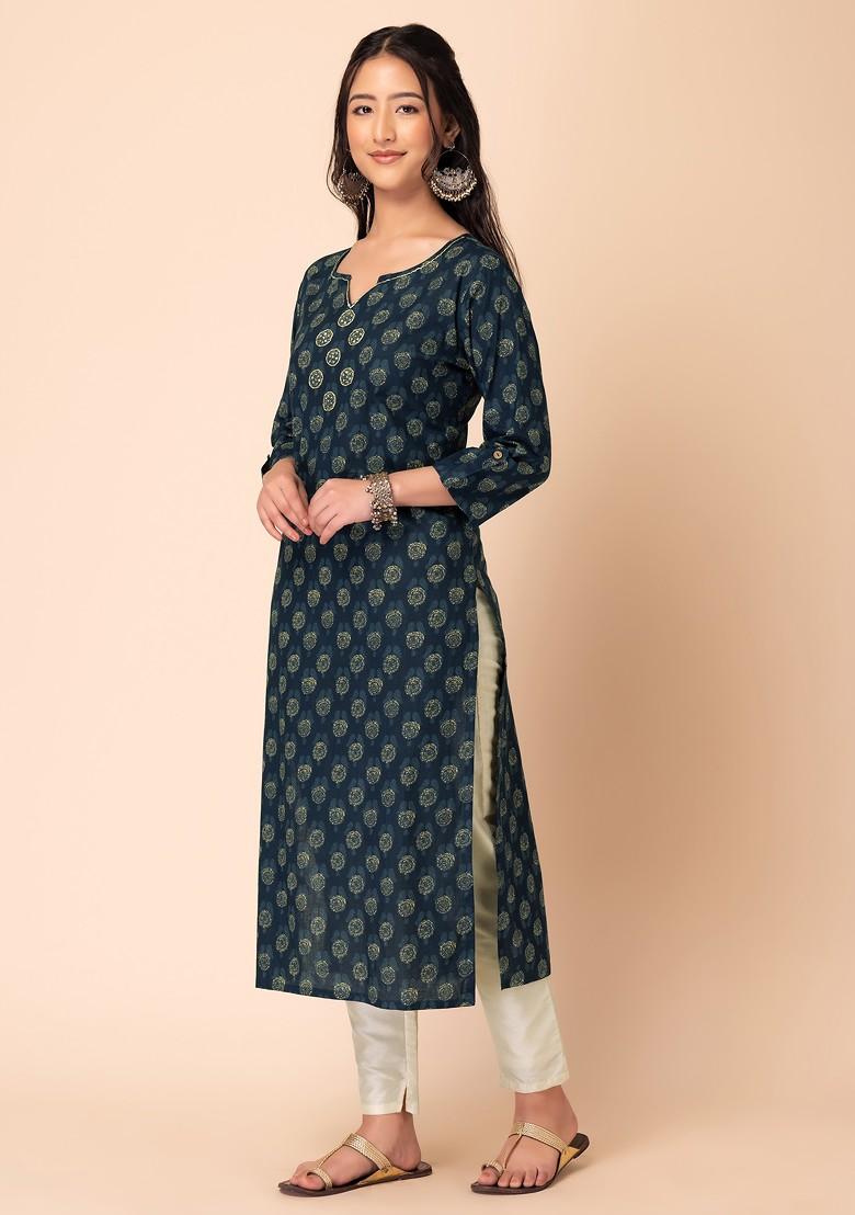 Women Navy Blue Calf Length Three-Quarter Sleeves Straight Striped Printed Cotton Kurta With Pockets