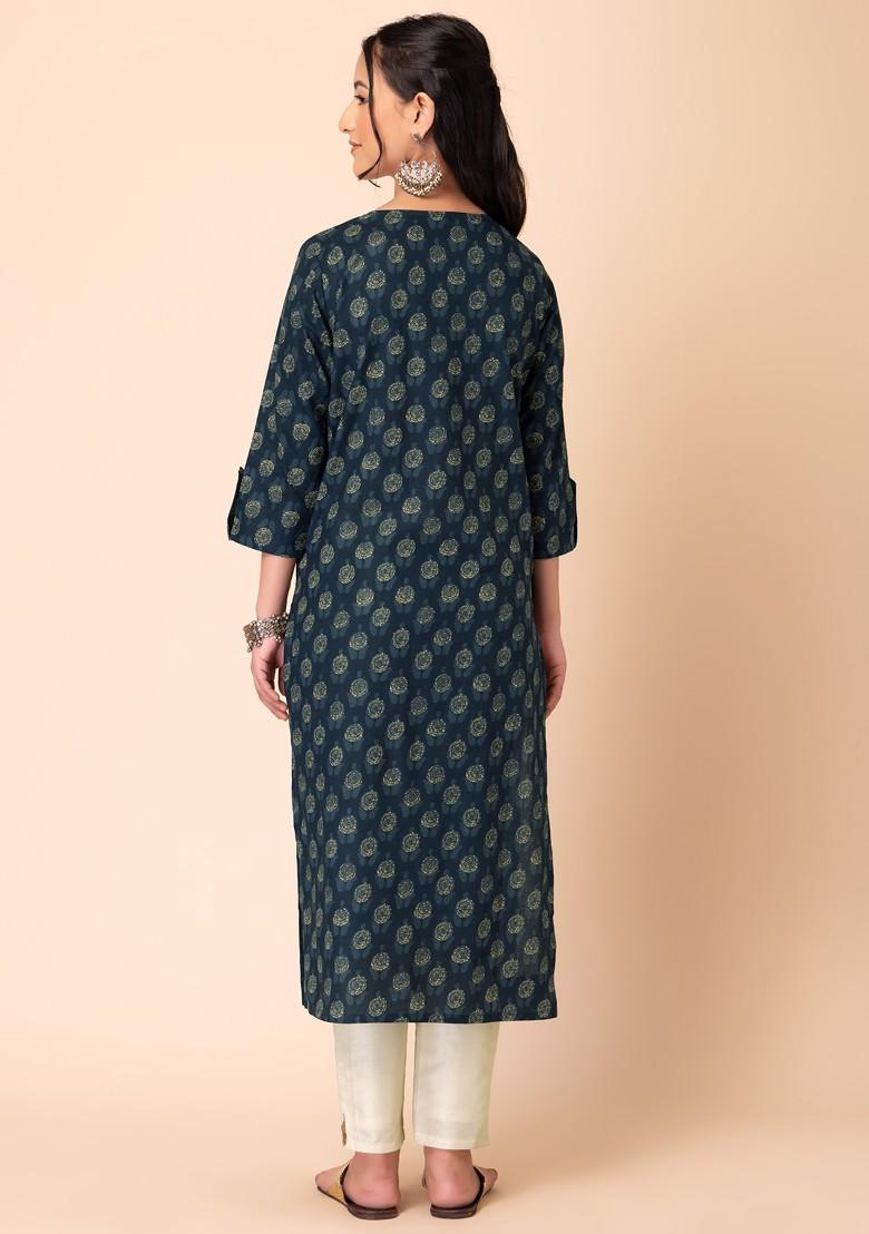 Navy Blue Block Print Cotton Straight Kurta 